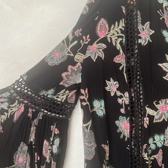 Free People Just The Two Of Us Black Floral Boho Swing Long Sleeve Tunic - Picture 6 of 10